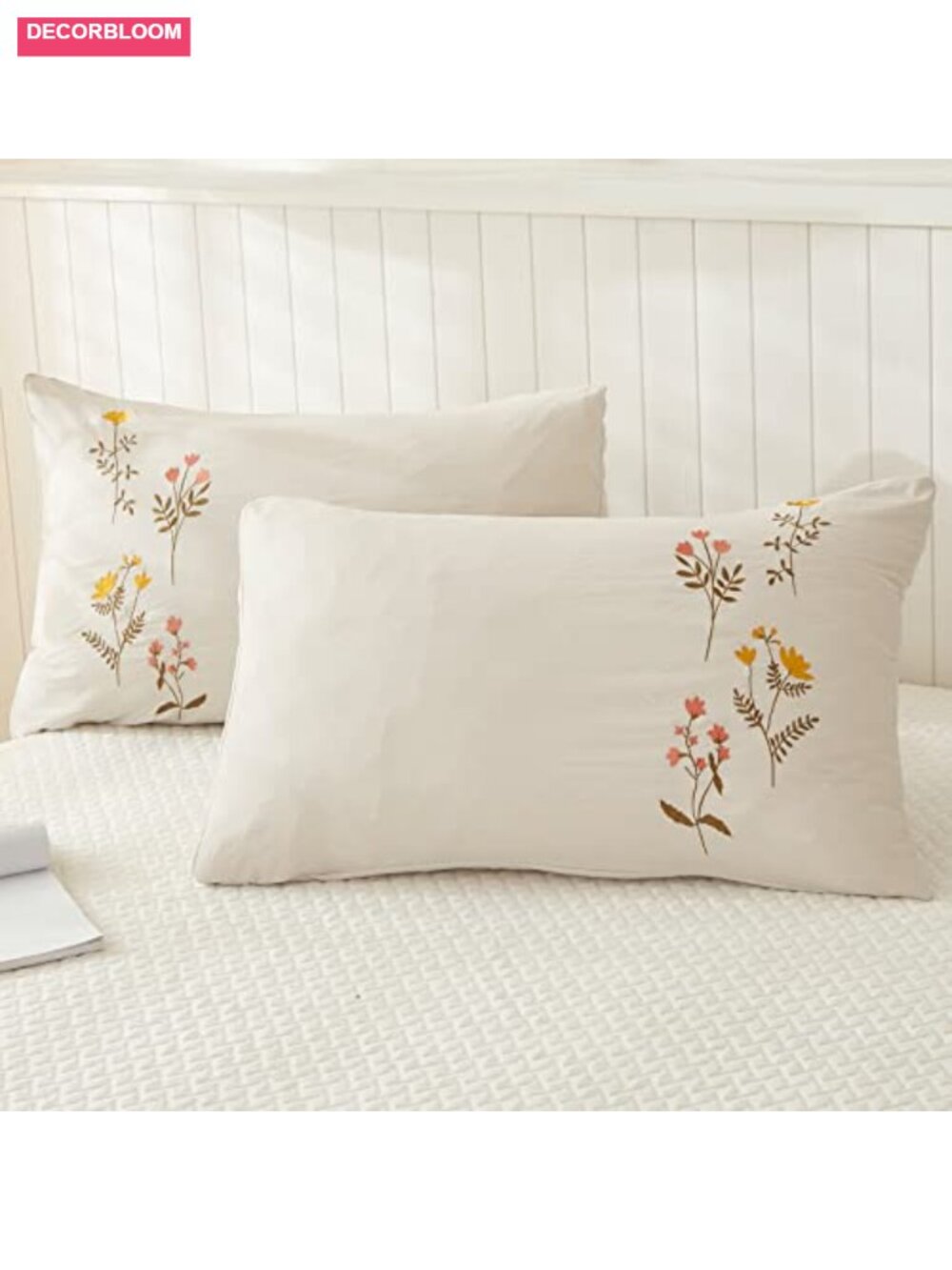 Embroidered Floral Pillowcases Set of 2, 100% Washed Microfiber, Boho Chic, - Picture 1 of 6